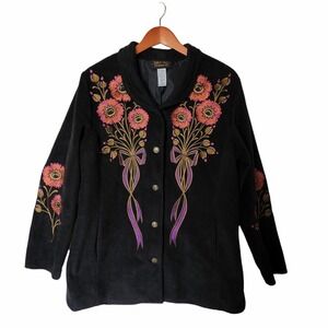 Bob Mackie Wearable Art Jacket‎ Embroidery Floral Black Fleece size L Large